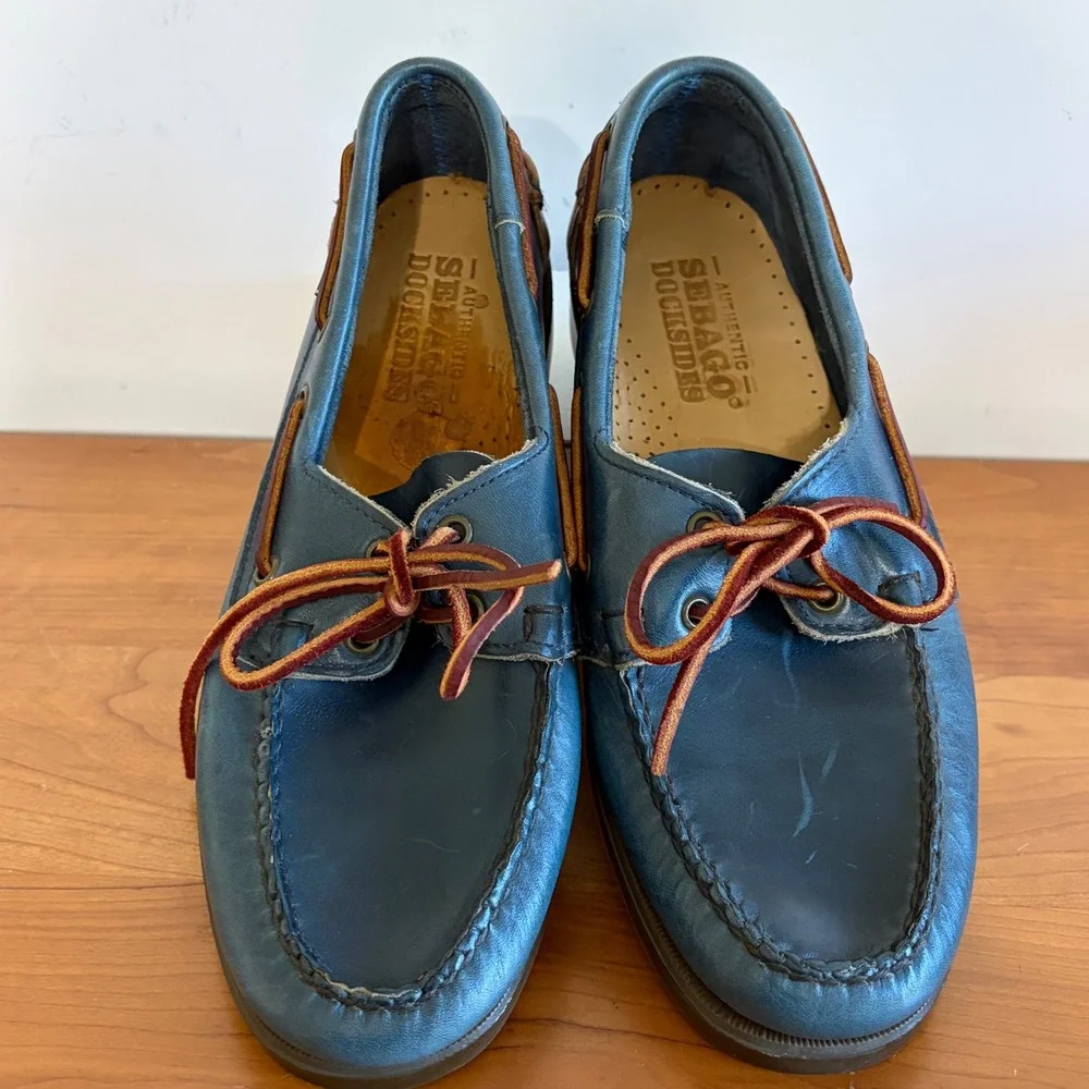 Sebago Docksides Blue Tan Leather Boat Shoes Mens 9 M Sample 720086 Loafers